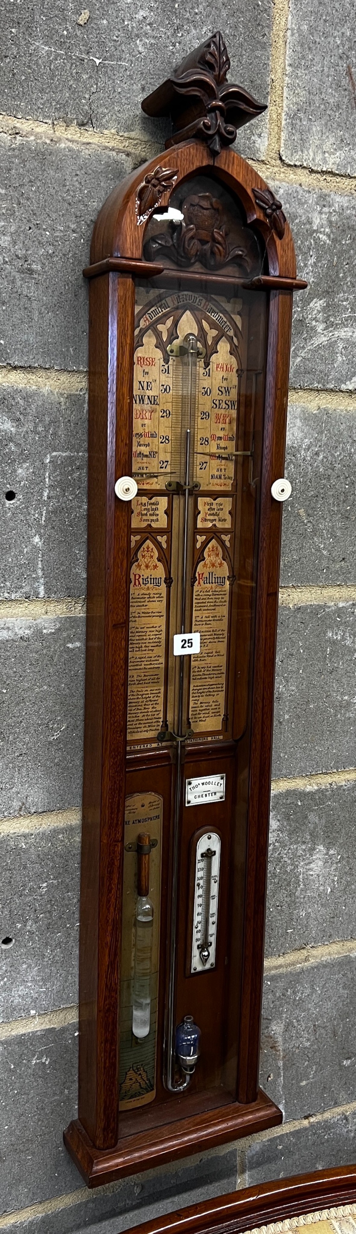 A Victorian oak Admiral Fitzroy type barometer by Thomas Woolley, Chester, height 116cm